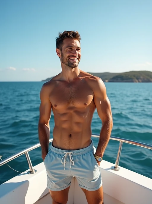 model in if(gender=f){bikini} if(gender=m){swim shorts} on a yacht, enjoying the sun and sea