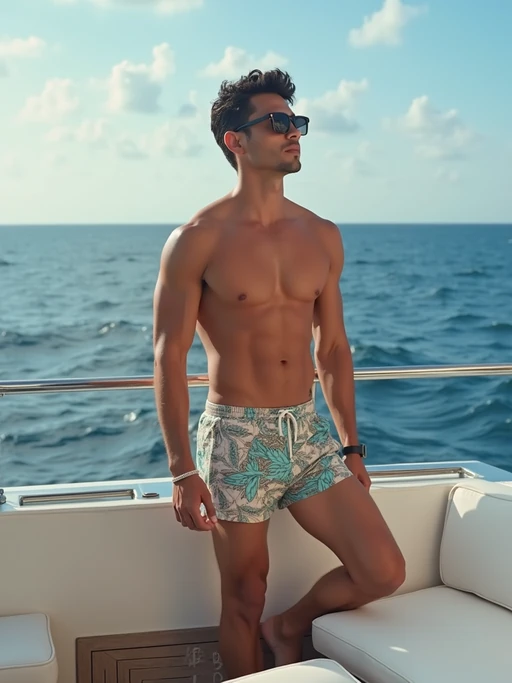 model in if(gender=f){bikini} if(gender=m){swim shorts} on a yacht, enjoying the sun and sea