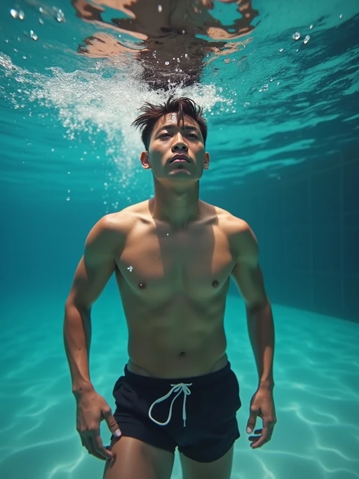 model in if(gender=f){swimsuit} if(gender=m){swim shorts} underwater, showcasing athletic ability