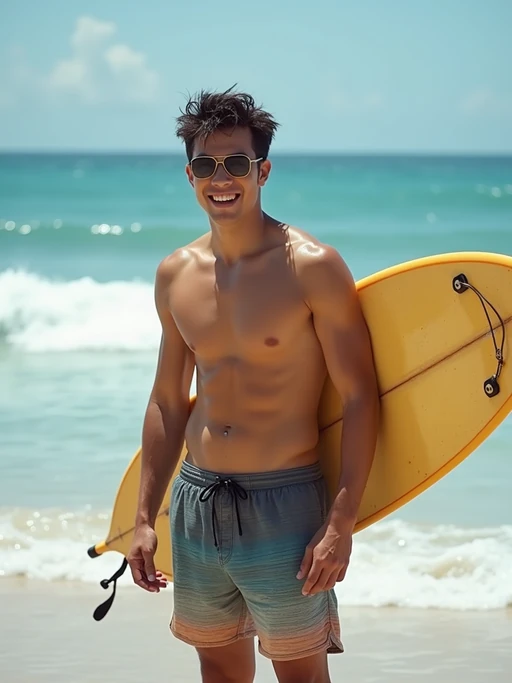 model in if(gender=f){high-waisted bikini} if(gender=m){board shorts} with surfboard on the beach, ready to ride the waves