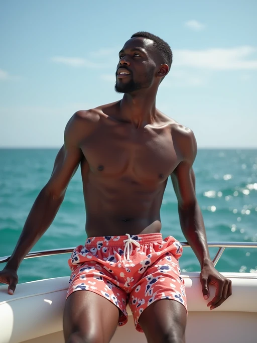 model in if(gender=f){bikini} if(gender=m){swim shorts} on a yacht, enjoying the sun and sea