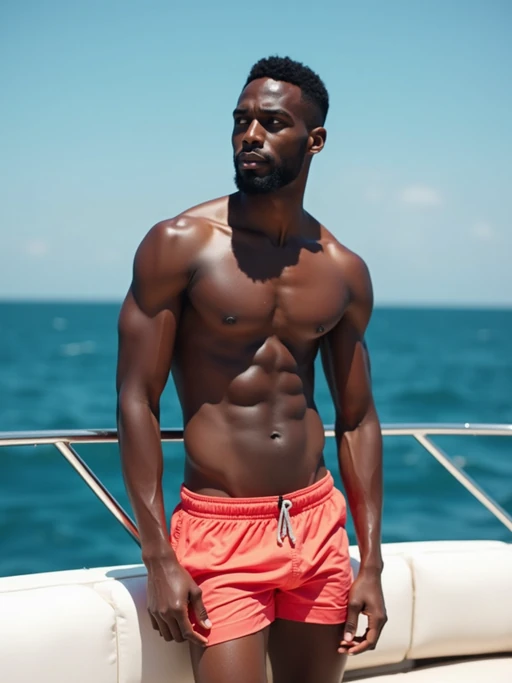 model in if(gender=f){bikini} if(gender=m){swim shorts} on a yacht, enjoying the sun and sea
