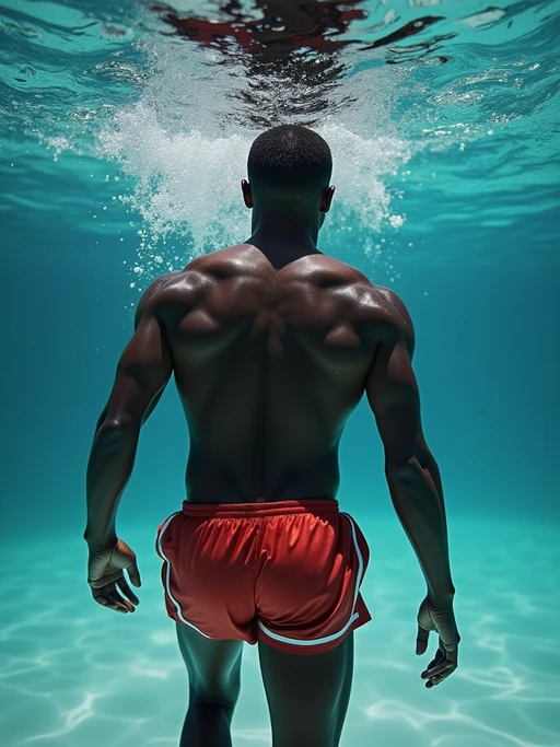 model in if(gender=f){swimsuit} if(gender=m){swim shorts} underwater, showcasing athletic ability