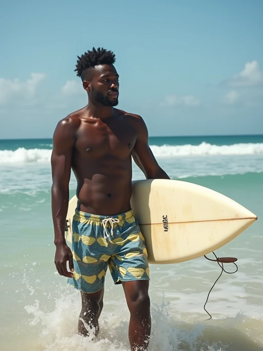 model in if(gender=f){high-waisted bikini} if(gender=m){board shorts} with surfboard on the beach, ready to ride the waves