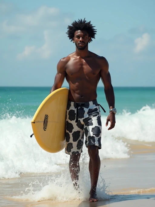 model in if(gender=f){high-waisted bikini} if(gender=m){board shorts} with surfboard on the beach, ready to ride the waves