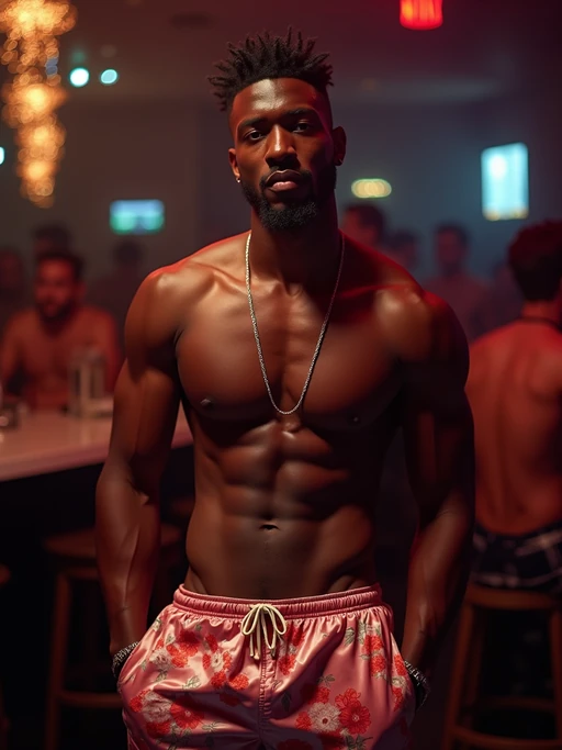 a model wearing if(gender=f){silk floral skin tight bikini} if(gender=m){silk floral swim shorts} in night club, instagram photo, instagram, if(gender=f){hourglass figure}, if(gender=m){fit body}