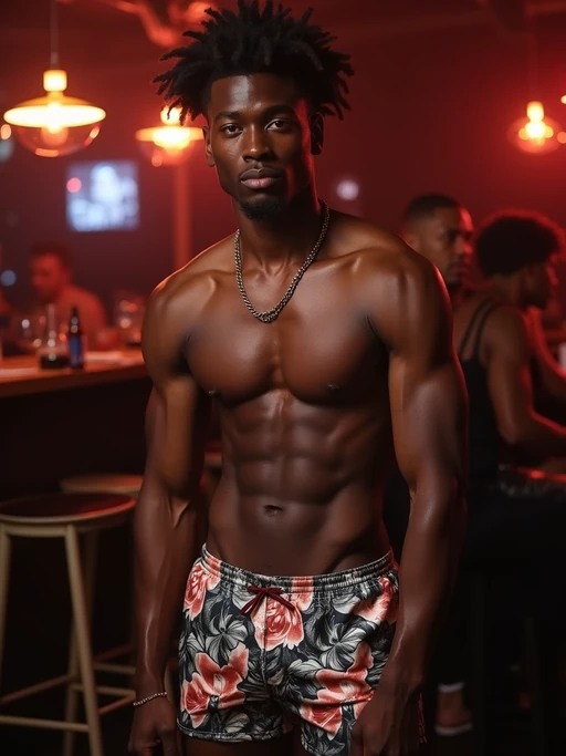 a model wearing if(gender=f){silk floral skin tight bikini} if(gender=m){silk floral swim shorts} in night club, instagram photo, instagram, if(gender=f){hourglass figure}, if(gender=m){fit body}