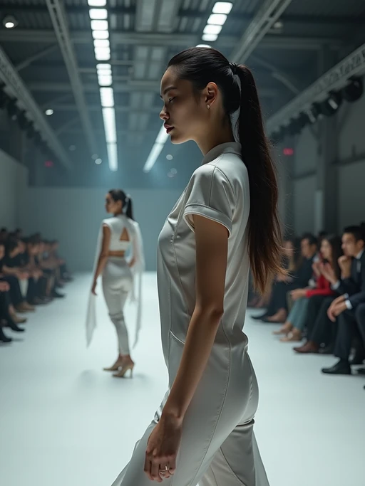 side view of model walking on a fashion runway in an industrial space, showcasing a futuristic outfit with sharp lines