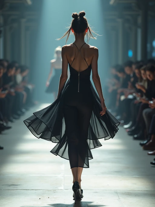 back view of model walking on a fashion runway in an industrial space, captured mid-twirl, showcasing a futuristic outfit with sharp lines