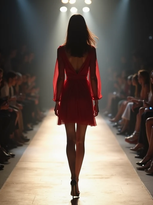 back view of model striding confidently down a fashion runway, surrounded by flashing camera lights.