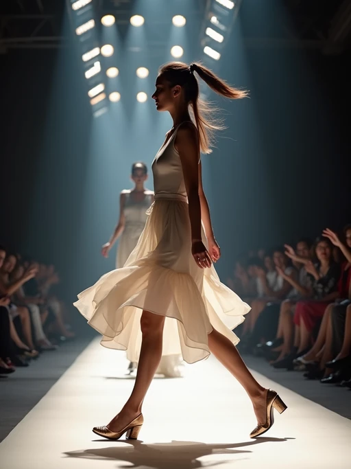 side view of model striding confidently down a fashion runway, captured mid-twirl, surrounded by flashing camera lights.