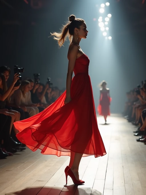 side view of model striding confidently down a fashion runway, captured mid-twirl, surrounded by flashing camera lights.