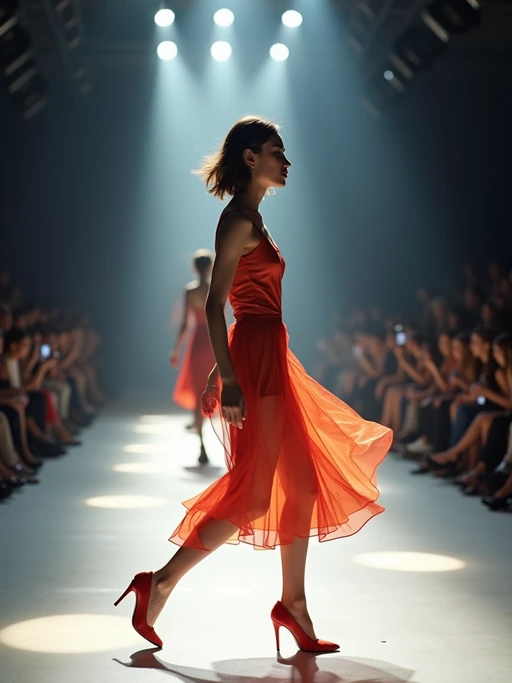 side view of model striding confidently down a fashion runway, captured mid-twirl, surrounded by flashing camera lights.