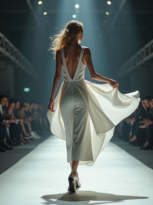 back view of model walking on a fashion runway in an industrial space, captured mid-twirl, showcasing a futuristic outfit with sharp lines