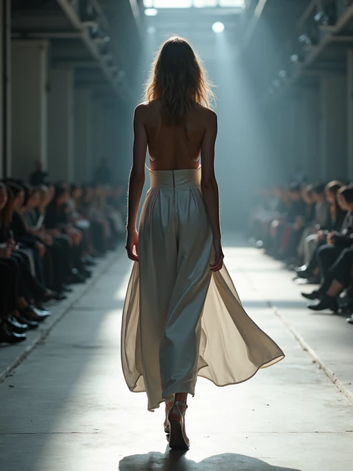 back view of model walking on a fashion runway in an industrial space, captured mid-twirl, showcasing a futuristic outfit with sharp lines
