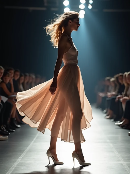 side view of model striding confidently down a fashion runway, captured mid-twirl, surrounded by flashing camera lights.