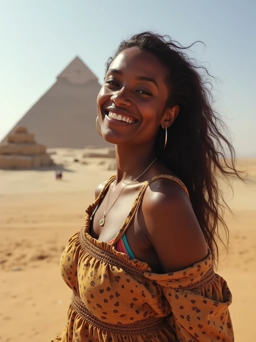 model as digital nomad in Cairo with the Pyramids of Giza in the background