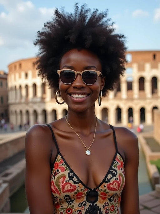 model as digital nomad in Rome with the Colosseum in the background