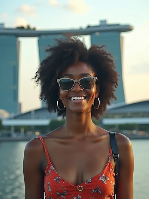 model as digital nomad in Singapore with Marina Bay Sands in background