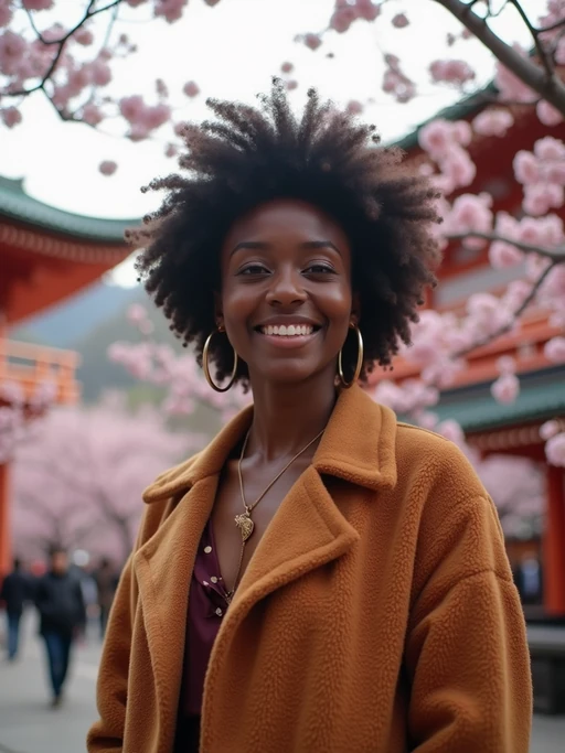 model as digital nomad in Japan with Japanese Cherry Blossom Trees and Japanese temples in background