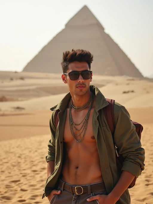 model as digital nomad in Cairo with the Pyramids of Giza in the background