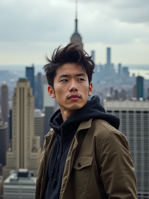 model as digital nomad in New York City with Manhattan in background