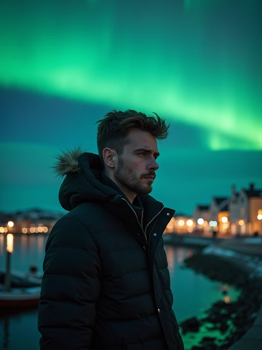 model as digital nomad in Reykjavik with the Northern Lights in the background