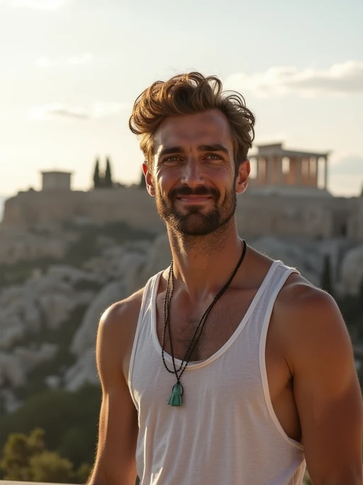 model as digital nomad in Athens with the Acropolis in the background