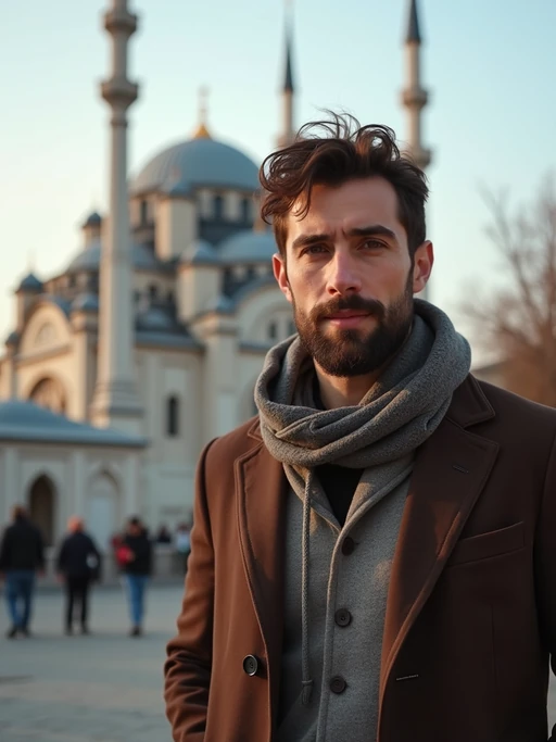 model as digital nomad in Istanbul with The Mosque in background