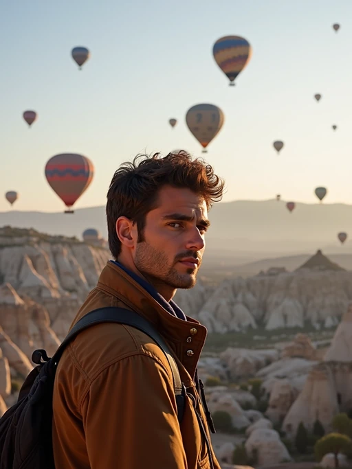 Breathtakingly model as digital nomad with hot air balloons in the background in cappadocia, Türkiye. Cappadocia, Turkey