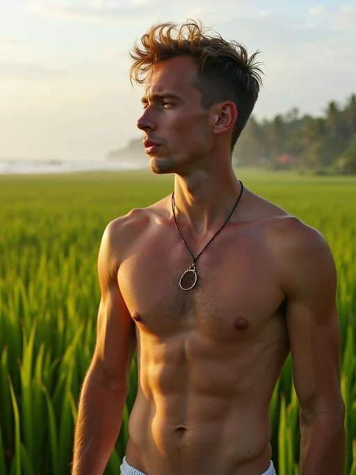 model as digital nomad in Canggu, Bali near rice fields