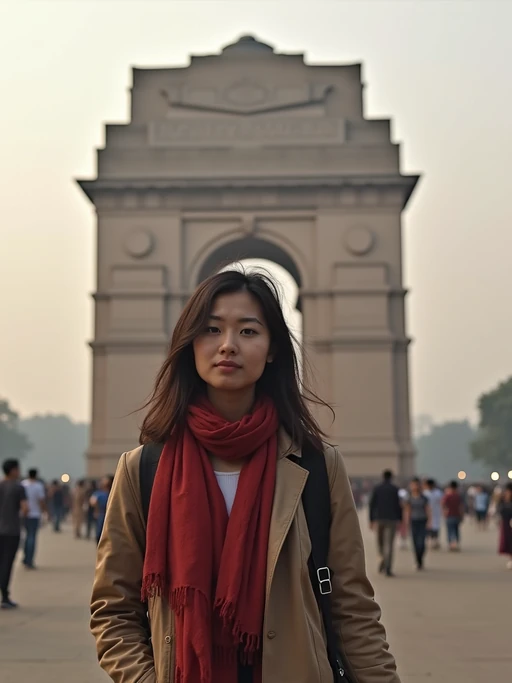 model as digital nomad in Delhi with the India Gate in the background