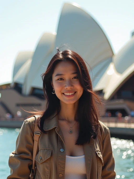 model as digital nomad in Sydney with the Sydney Opera House in the background