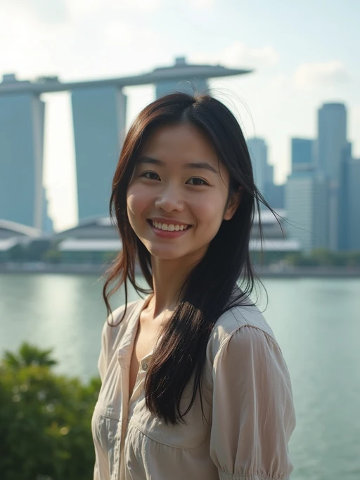 model as digital nomad in Singapore with Marina Bay Sands in background