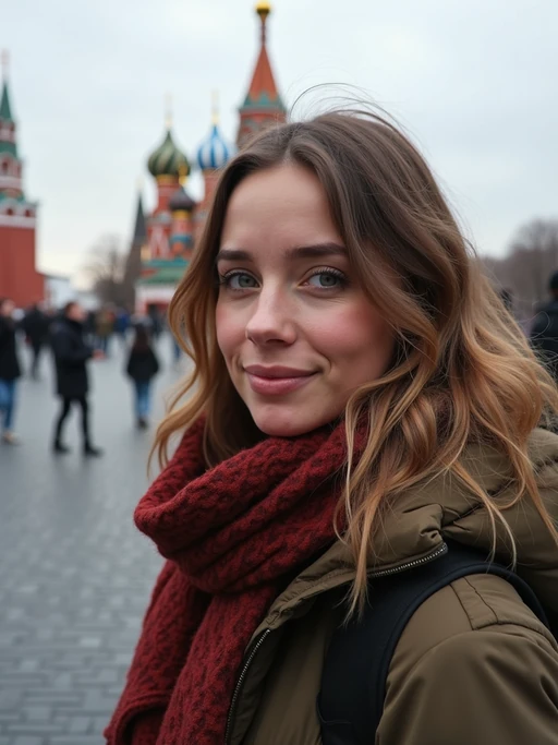 model as digital nomad in Moscow with the Kremlin in the background