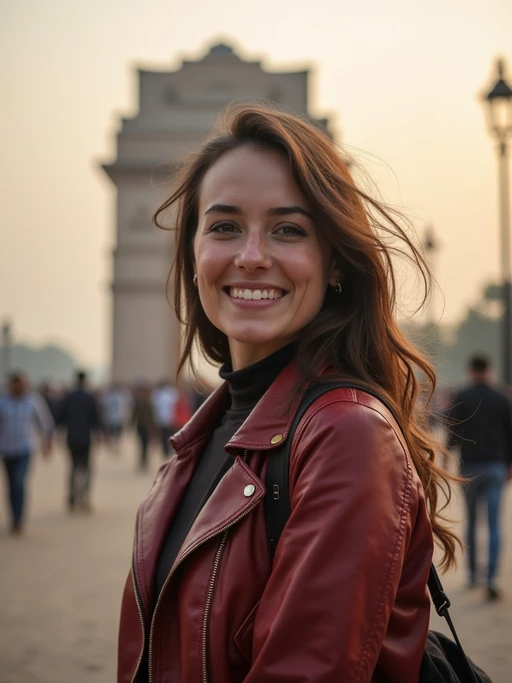 model as digital nomad in Delhi with the India Gate in the background