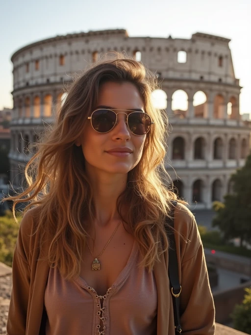 model as digital nomad in Rome with the Colosseum in the background