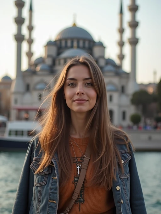 model as digital nomad in Istanbul with The Mosque in background