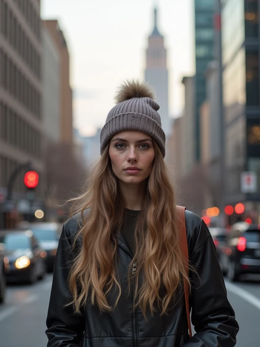 model as digital nomad in New York City with Manhattan in background