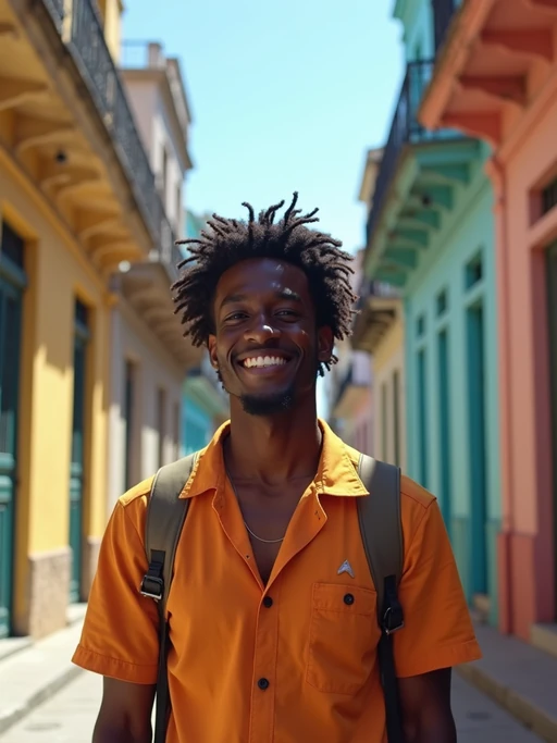 model as digital nomad in Havana with the colorful old town in the background
