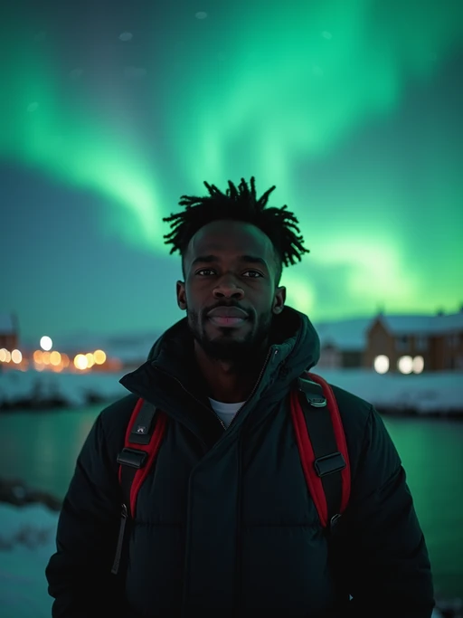 model as digital nomad in Reykjavik with the Northern Lights in the background