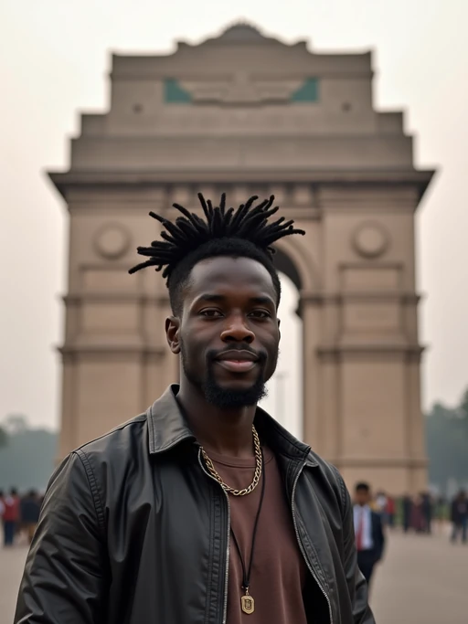 model as digital nomad in Delhi with the India Gate in the background