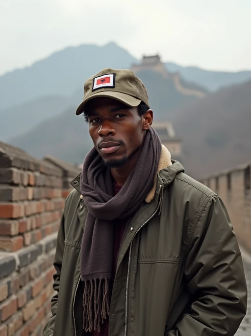 model as digital nomad in Beijing with the Great Wall in the background