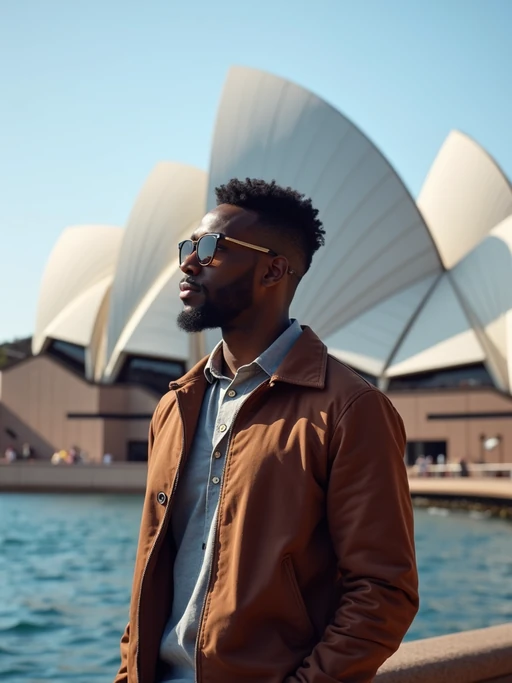 model as digital nomad in Sydney with the Sydney Opera House in the background