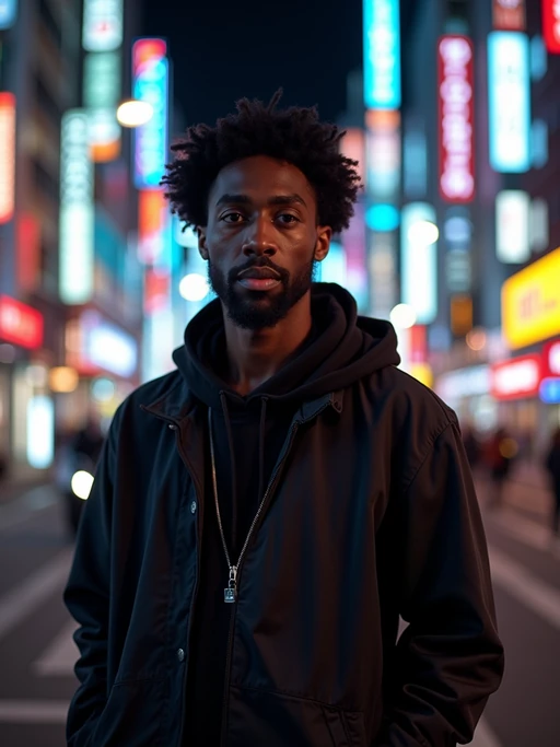 model as digital nomad in Tokyo at night with neon lights