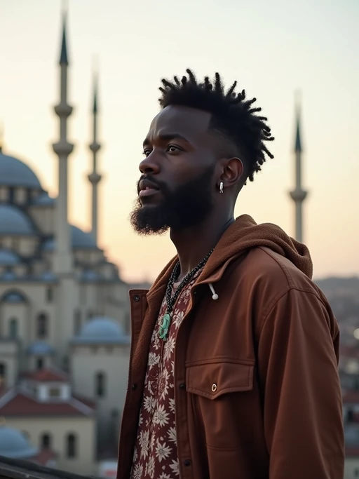 model as digital nomad in Istanbul with The Mosque in background