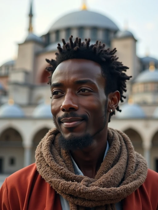 model as digital nomad in Istanbul with The Mosque in background