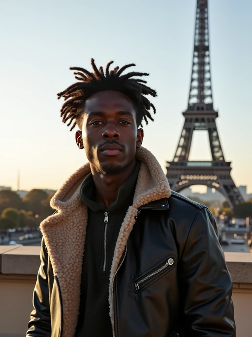 model as digital nomad in Paris with the Eiffel Tower in background