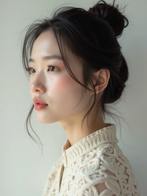 looking away, looking aside, gazing off model, blank background