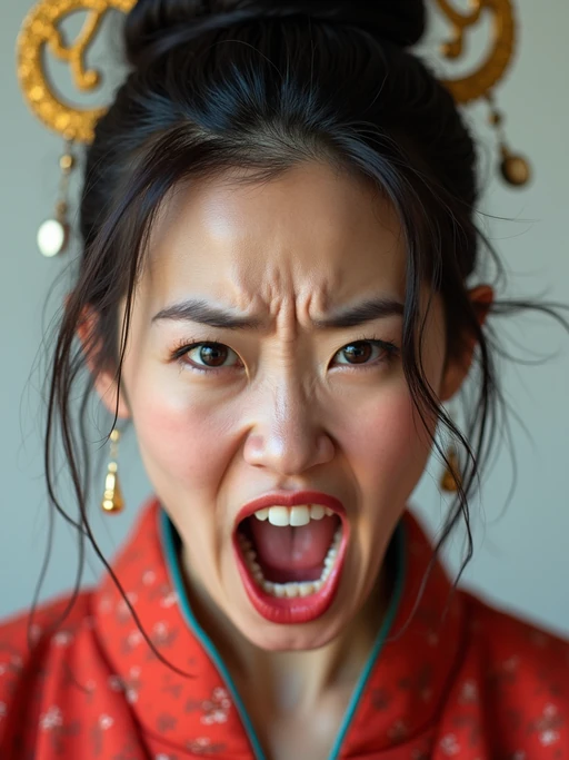 exaggerated angry furious rage model, blank background